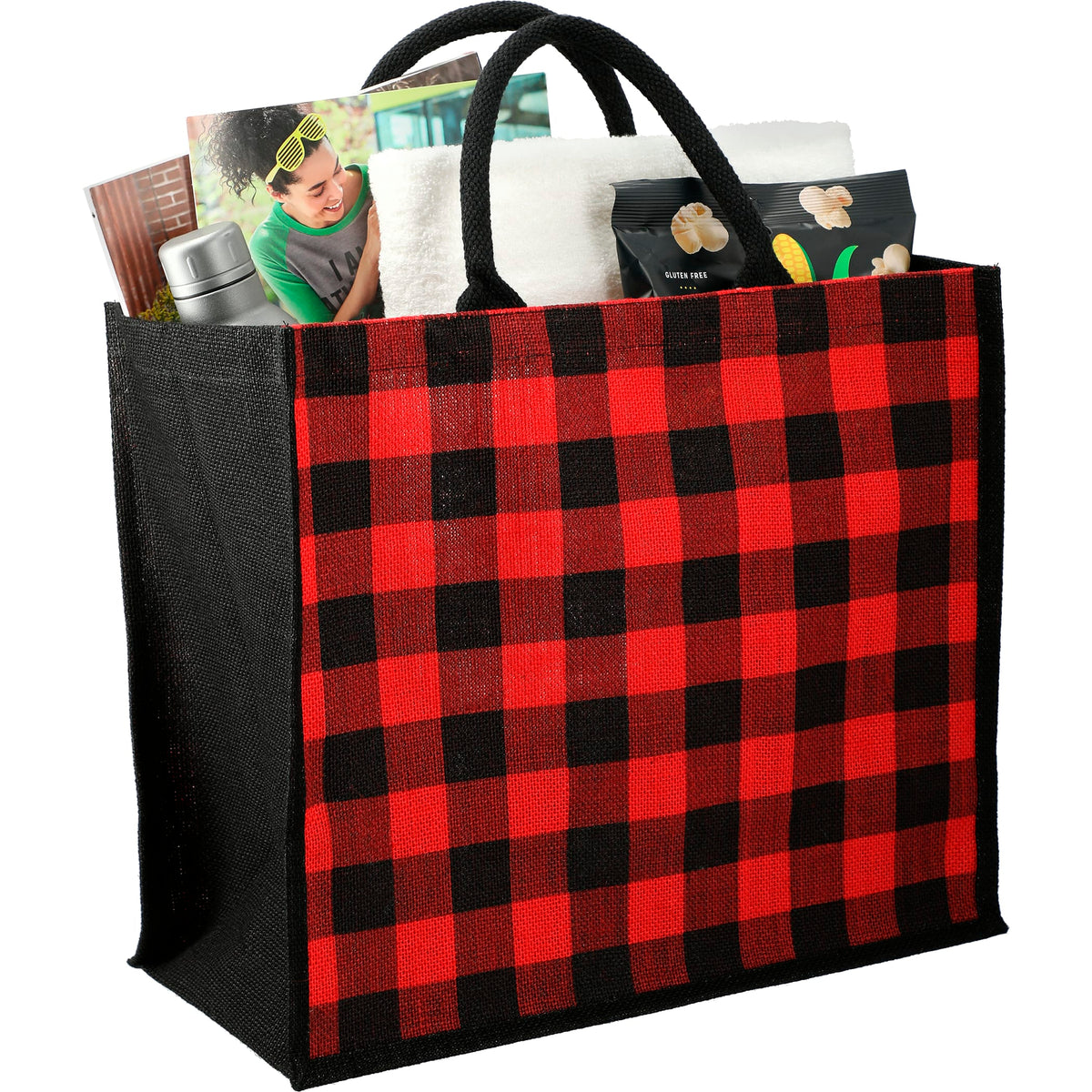 Custom Buffalo Plaid Printed Jute Tote - angle