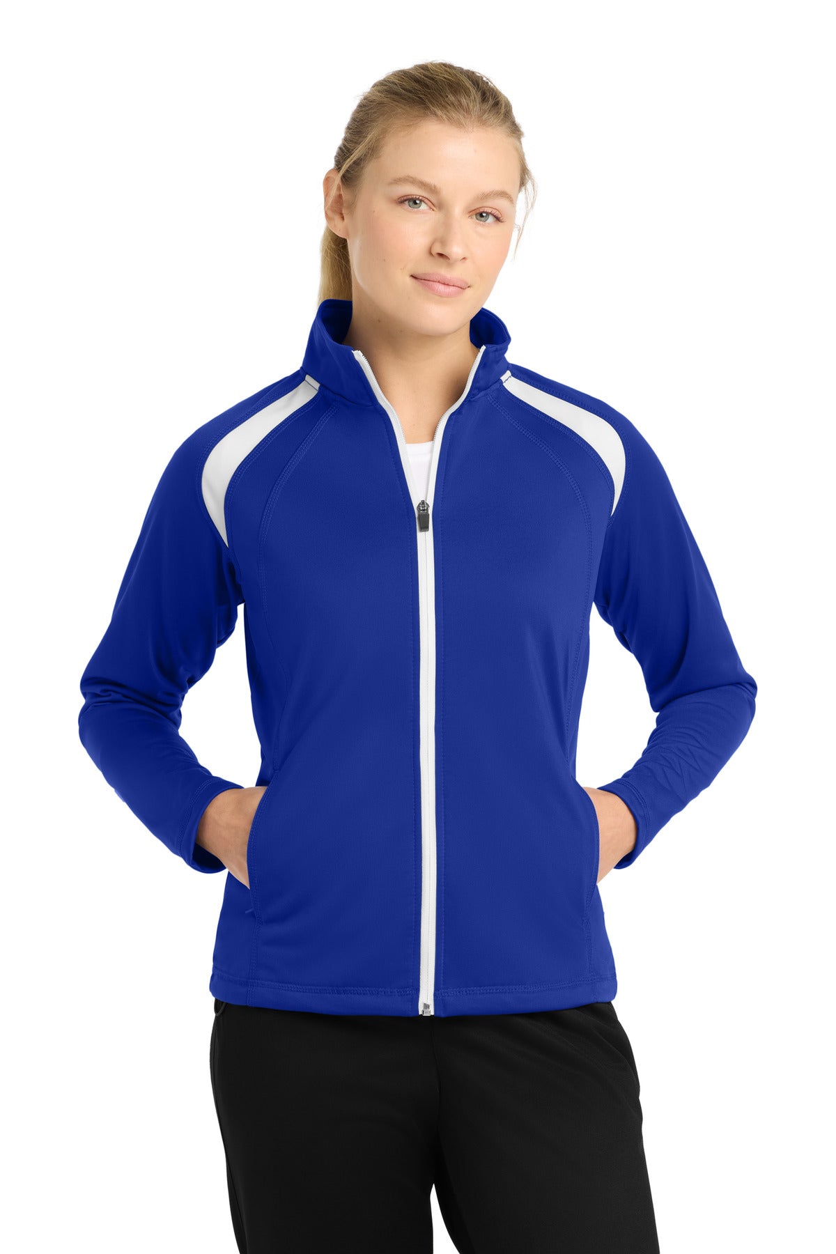 Front View of True Royal/Wht Sport-Tek Women's Tricot Track Jacket. LST90 plain