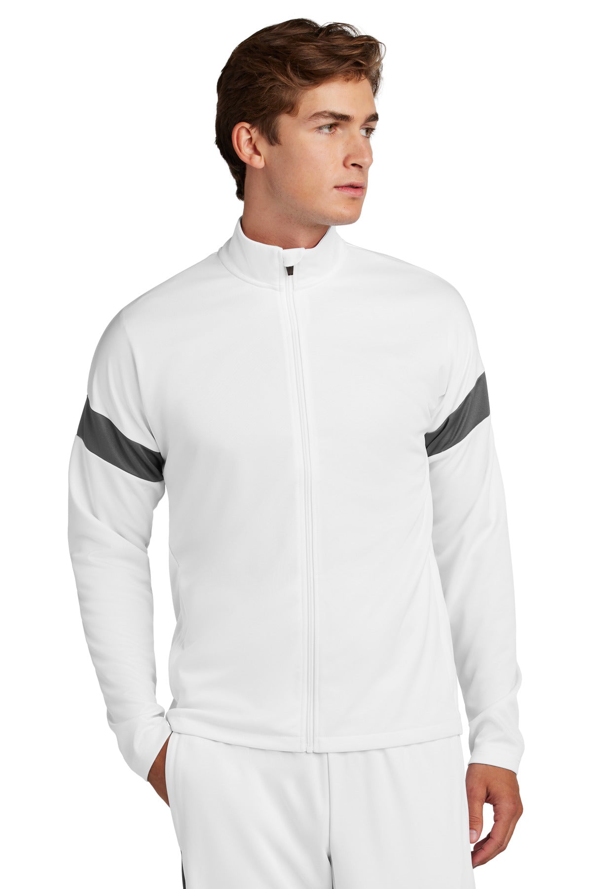 Front View of White/IrGy Sport-Tek Travel Full-Zip Jacket ST800 plain