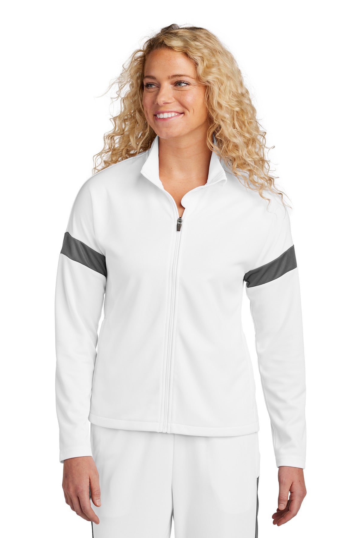 Front View of White/IrGy Sport-Tek Women's Travel Full-Zip Jacket LST800 plain