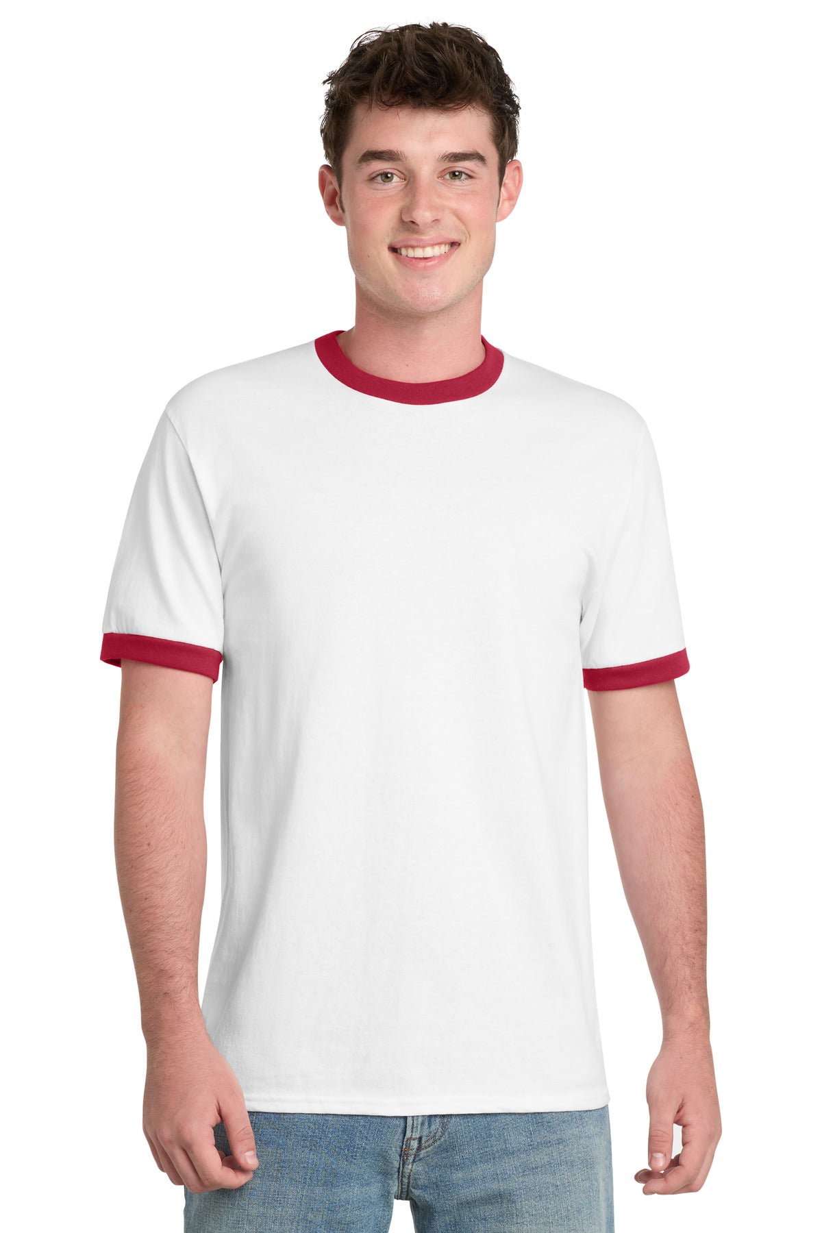 Front View of White/Red Port & Co Core Cotton Ringer Tee. PC54R plain