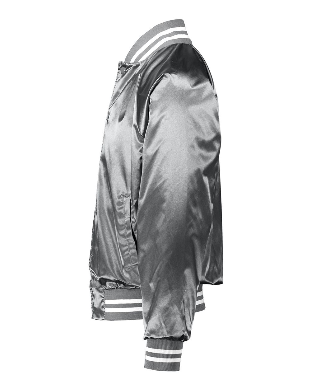 Left View of Metallic Silver/ White Satin Baseball Jacket Striped Trim - 3610