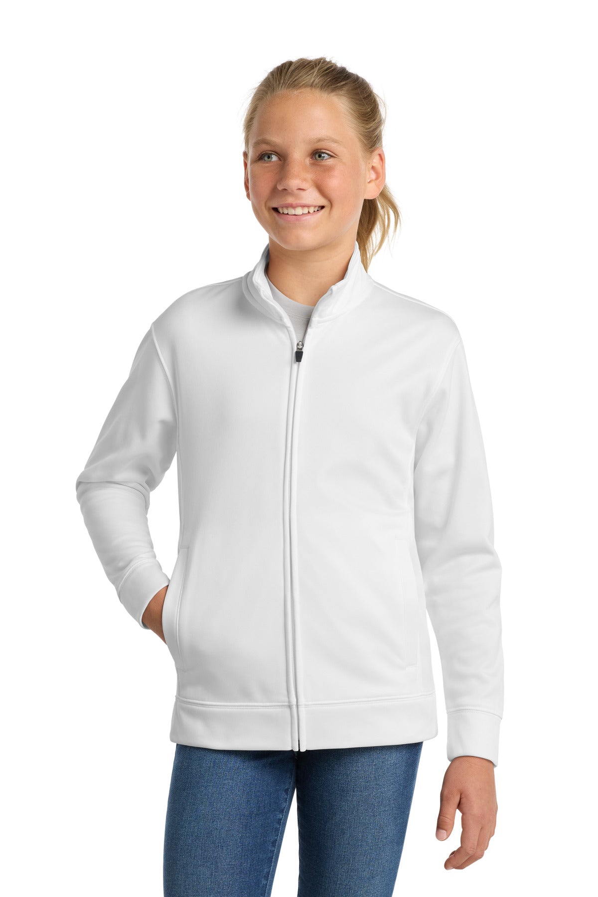 White Sport-Tek Youth Sport-Wick Fleece Full-Zip Jacket. YST241