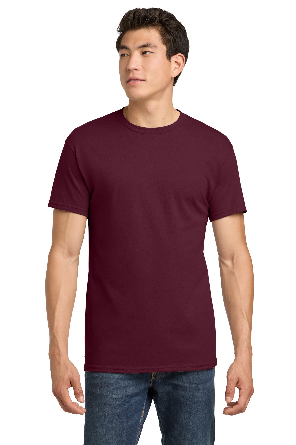 Custom Tee - Heavy Cotton in Maroon, front view on model
