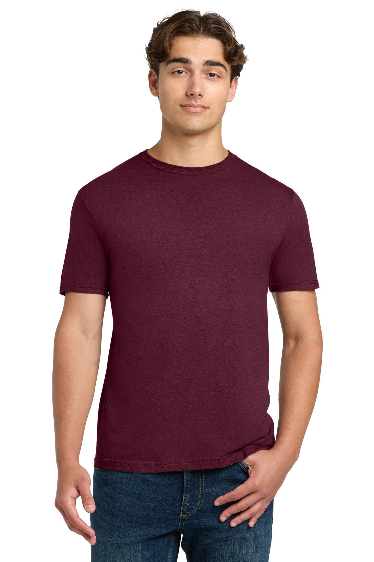 Custom Tee - Softstyle in Maroon, front view on model