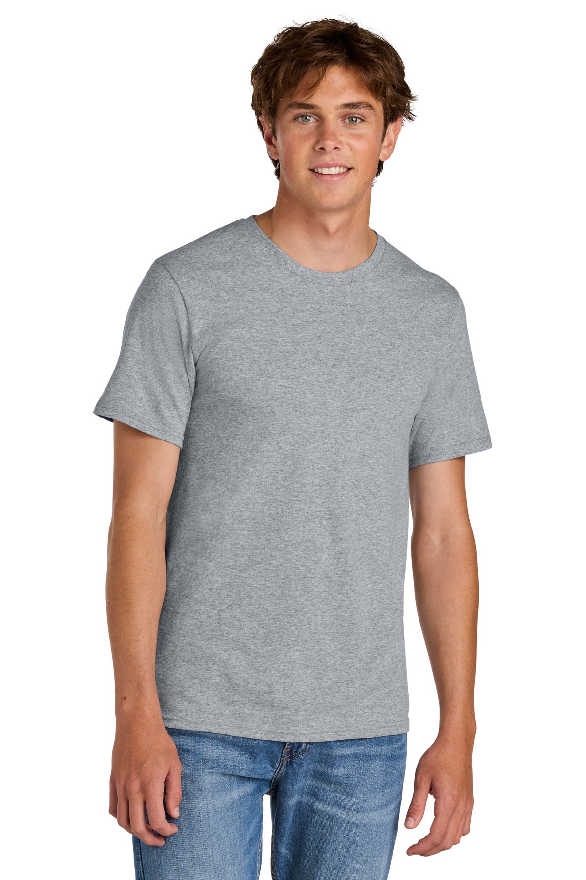 Port & Co Easy Cotton Tee PC43 in Athletic Heather, front view on model