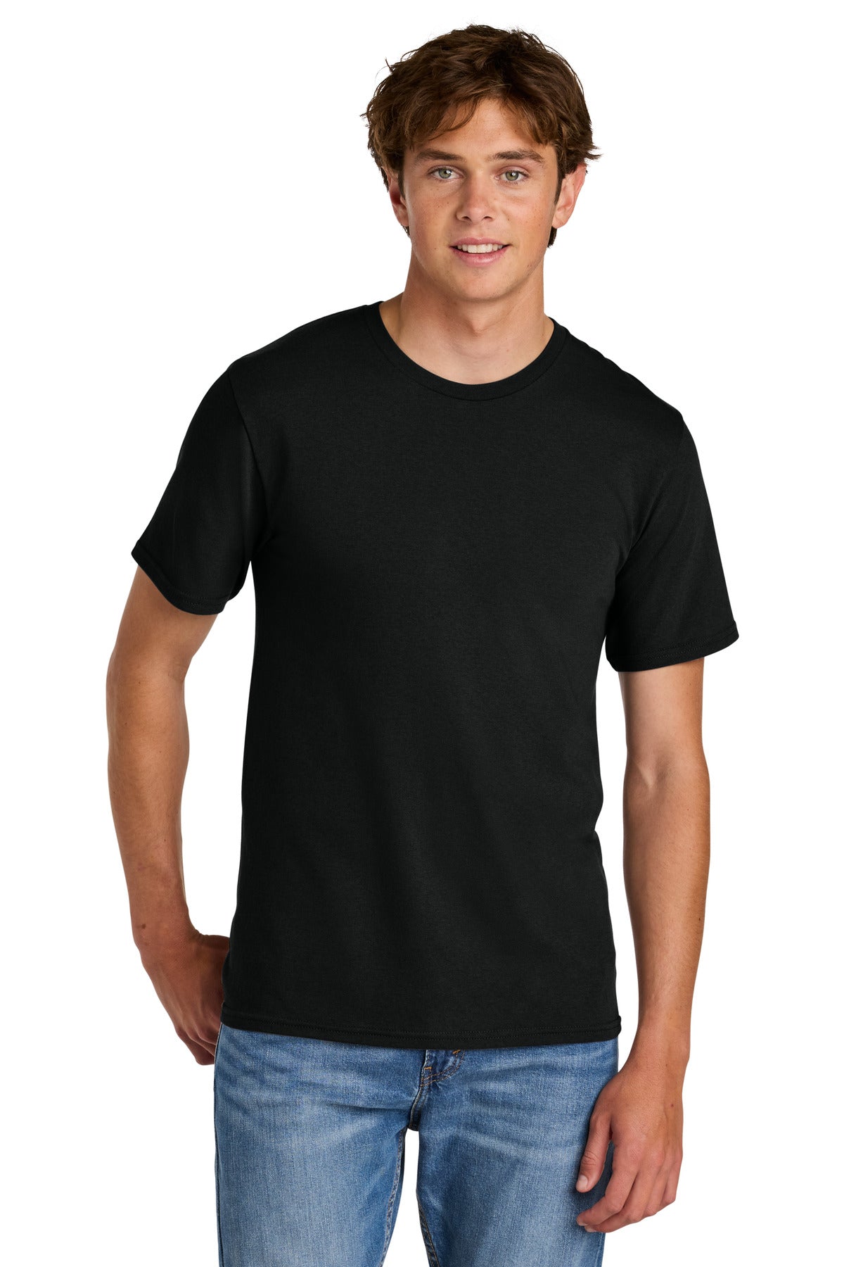 Port & Co Easy Cotton Tee PC43 in Jet Black, front view on model