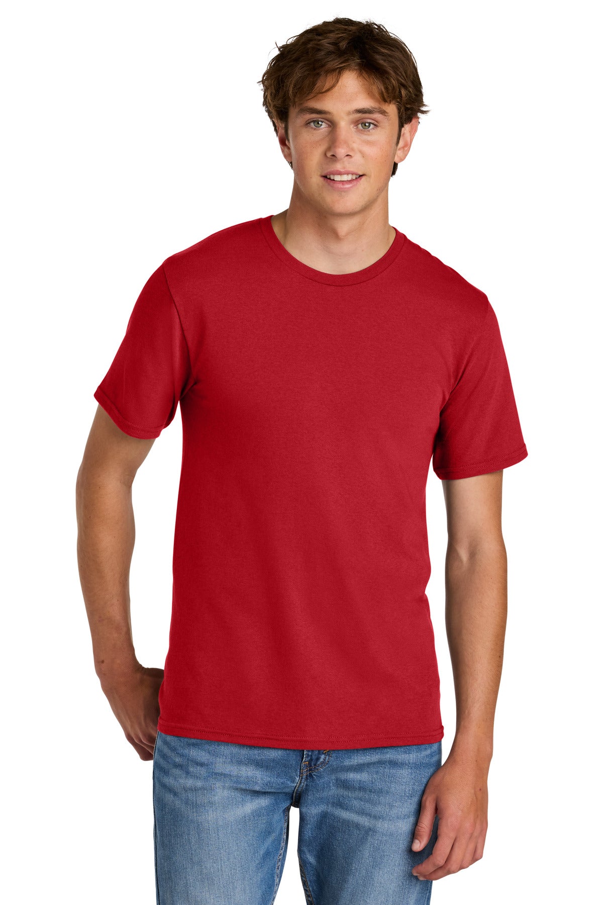 Port & Co Easy Cotton Tee PC43 in Red, front view on model