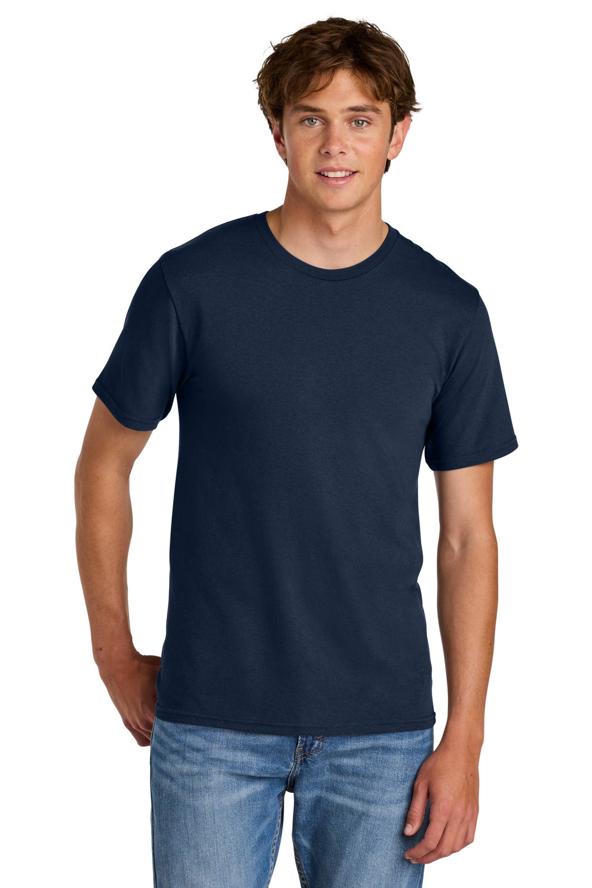 Port & Co Easy Cotton Tee PC43 in True Navy, front view on model