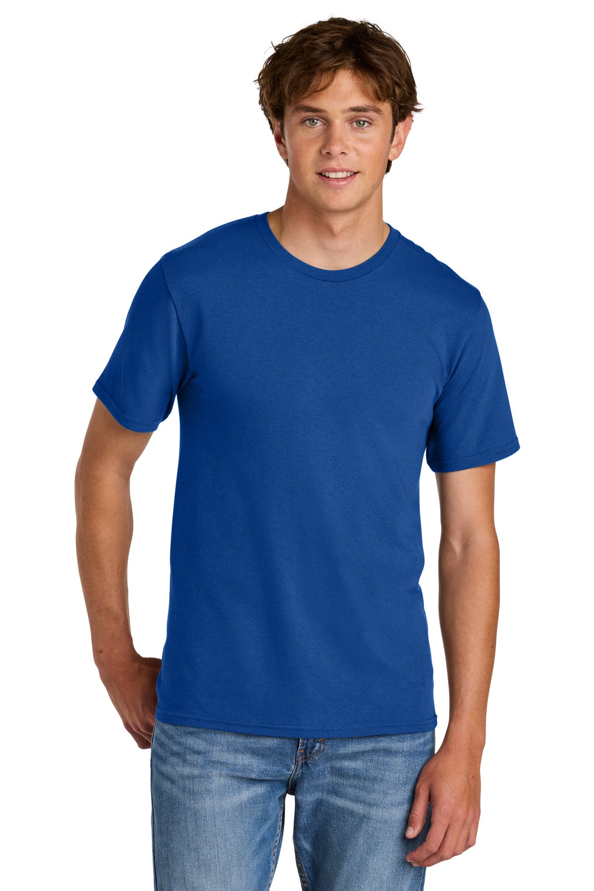 Port & Co Easy Cotton Tee PC43 in True Royal, front view on model