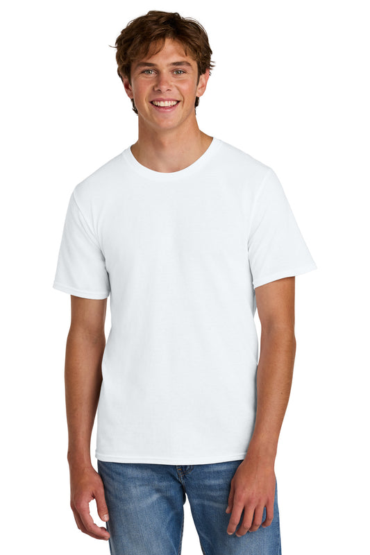 Port & Co Easy Cotton Tee PC43 in White, front view on model