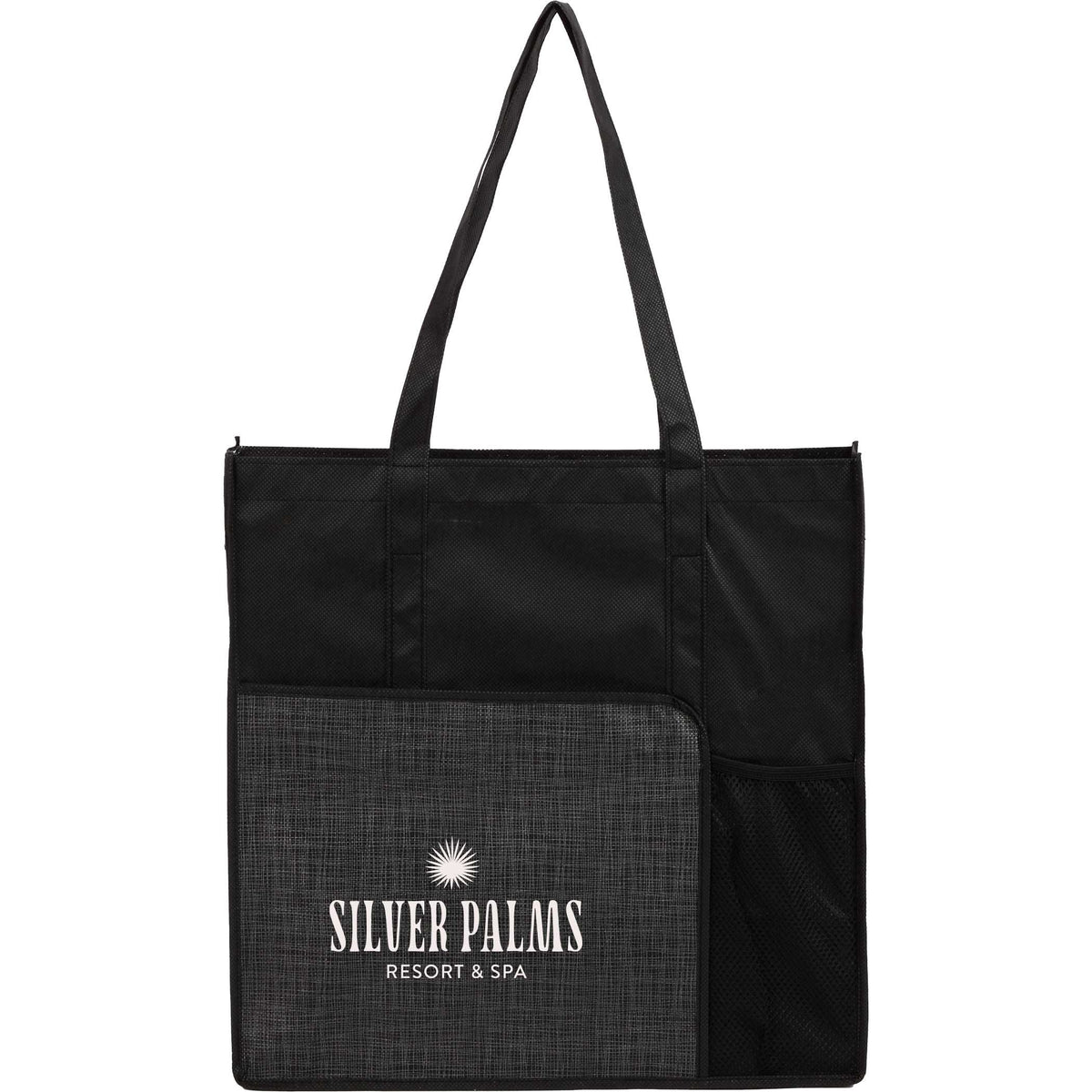 Custom Radius Recycled Non-Woven Tote - decorated SM-5599BK