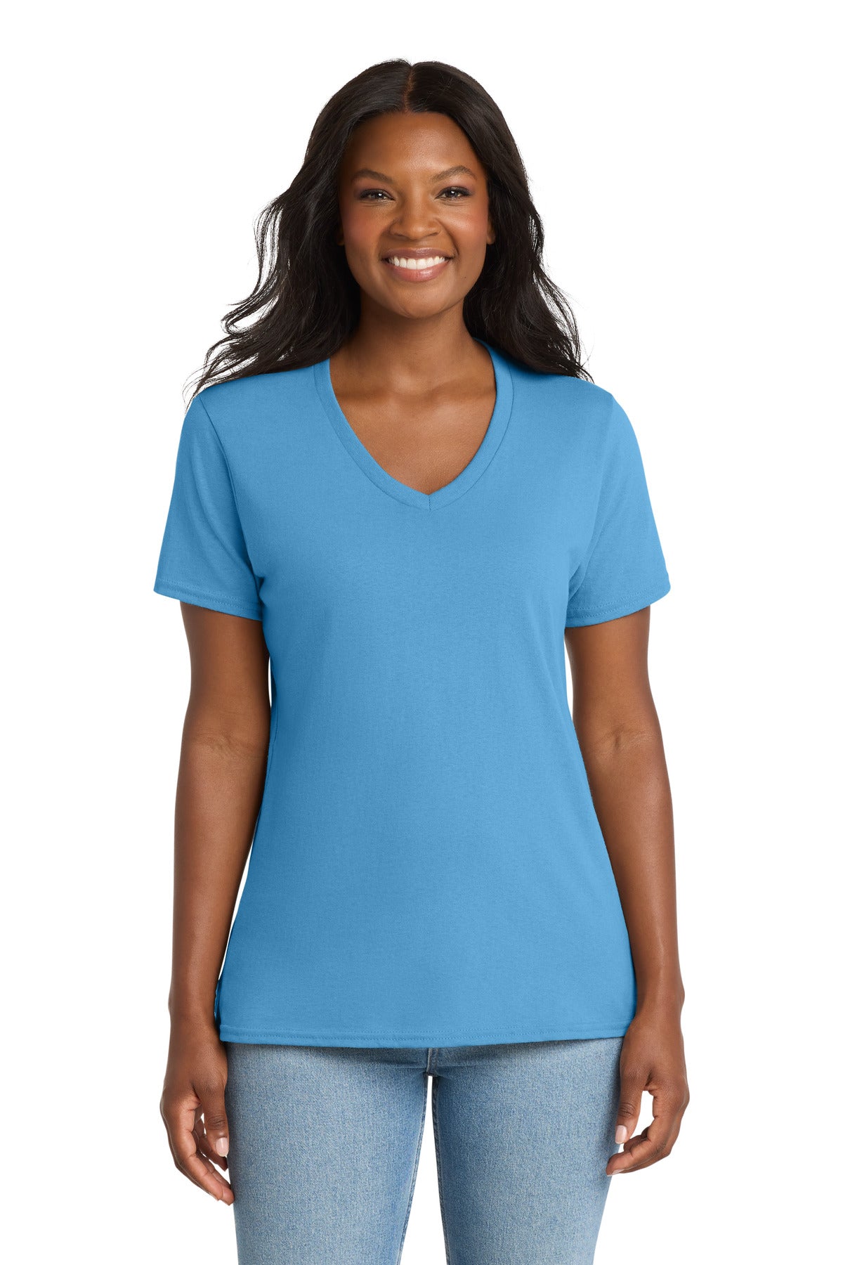 Aquatic Blue Port & Co Women's Core Cotton V-Neck Tee. LPC54V plain