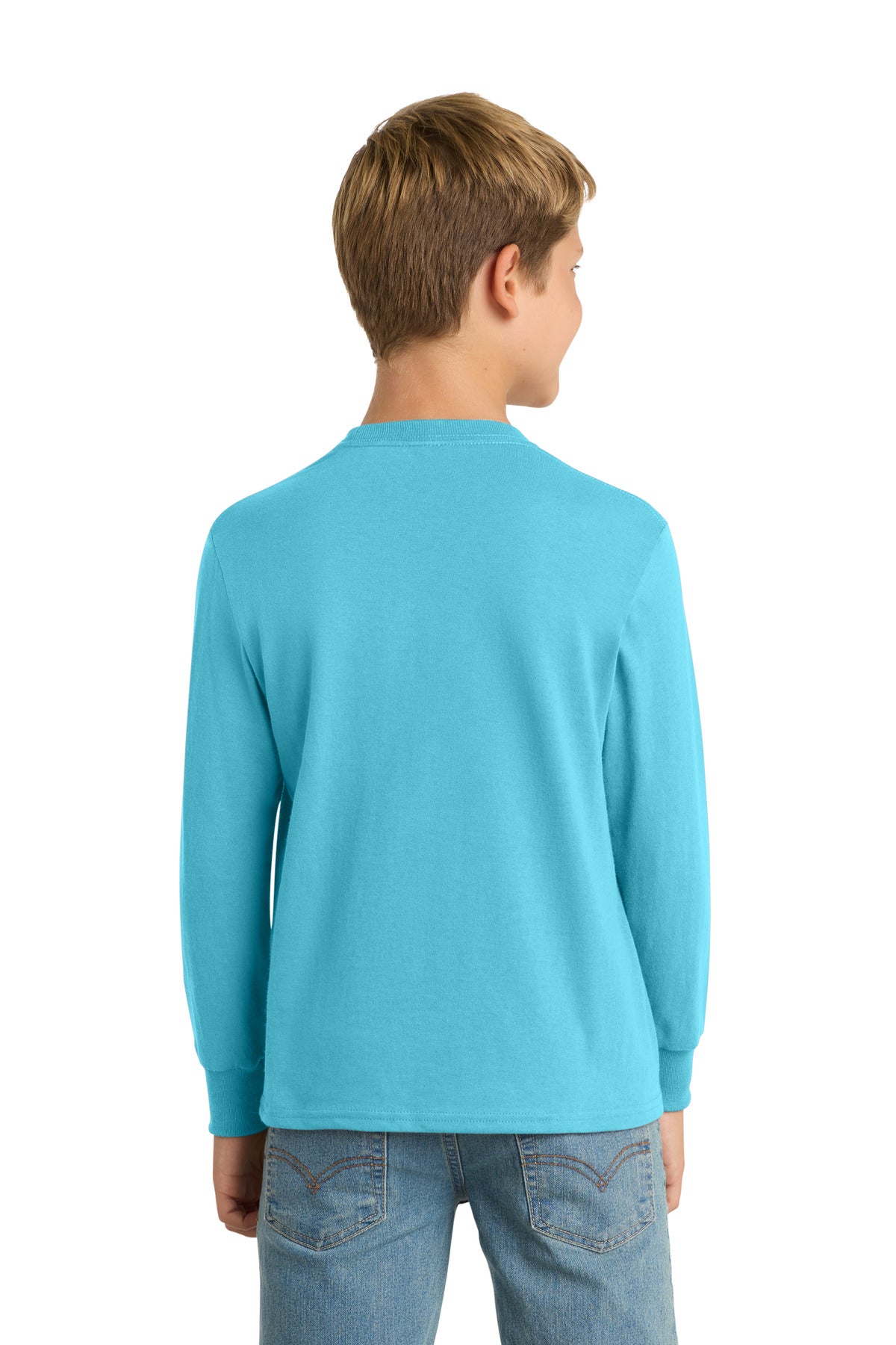 Aquatic Blue Port & Co Youth Long Sleeve Core Cotton Tee. PC54YLS plain