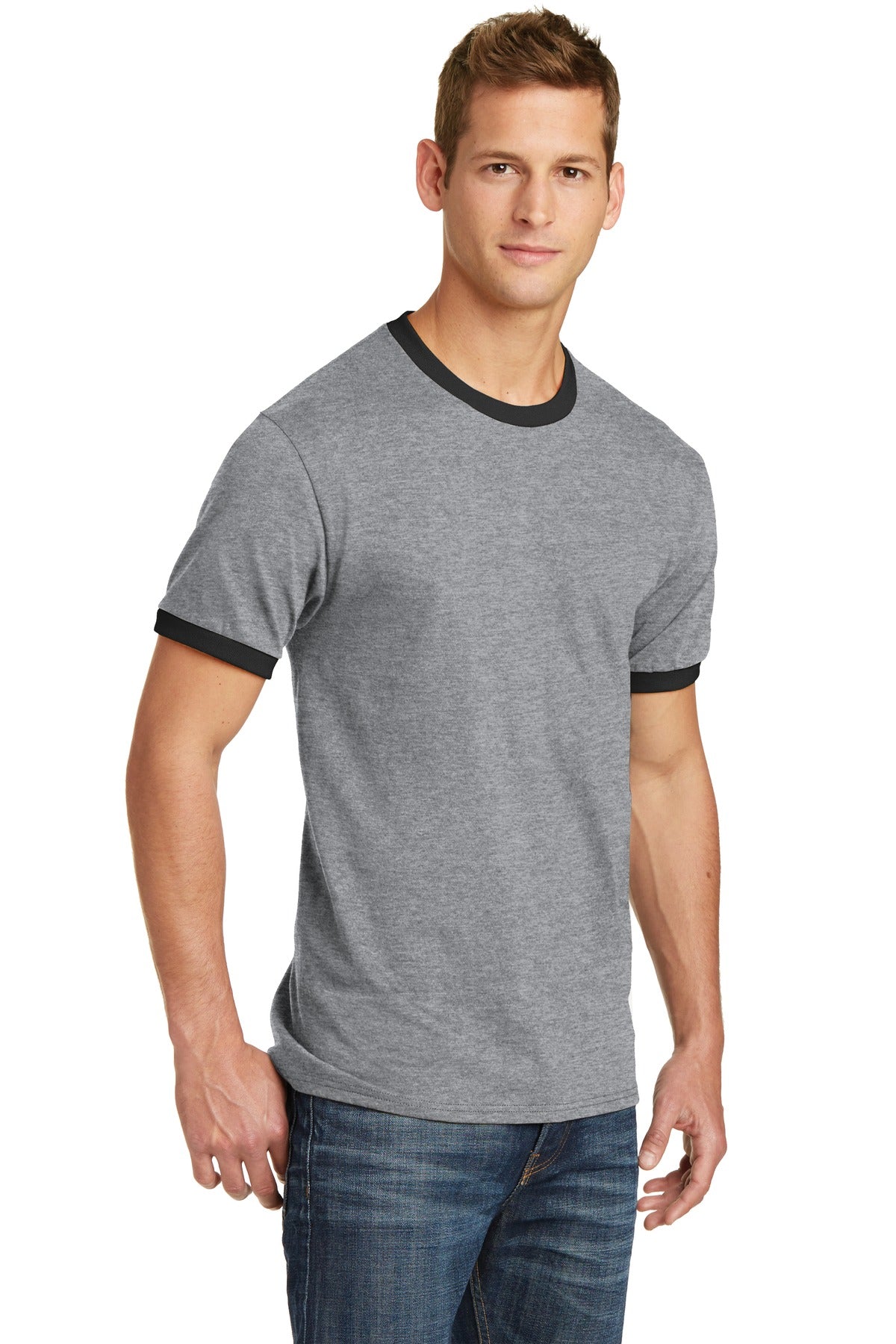 Athl He/Jet Bk Port & Co Core Cotton Ringer Tee. PC54R plain