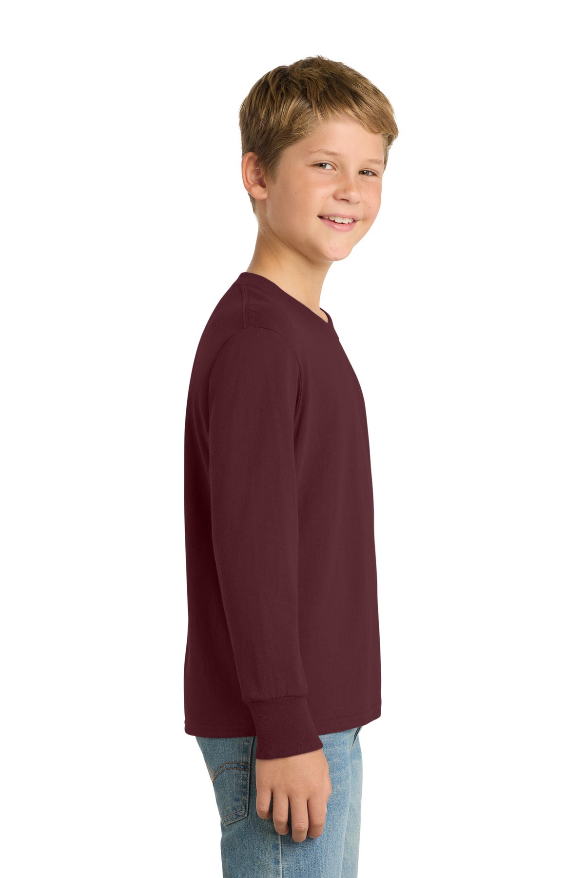 Athl Maroon Port & Co Youth Long Sleeve Core Cotton Tee. PC54YLS plain