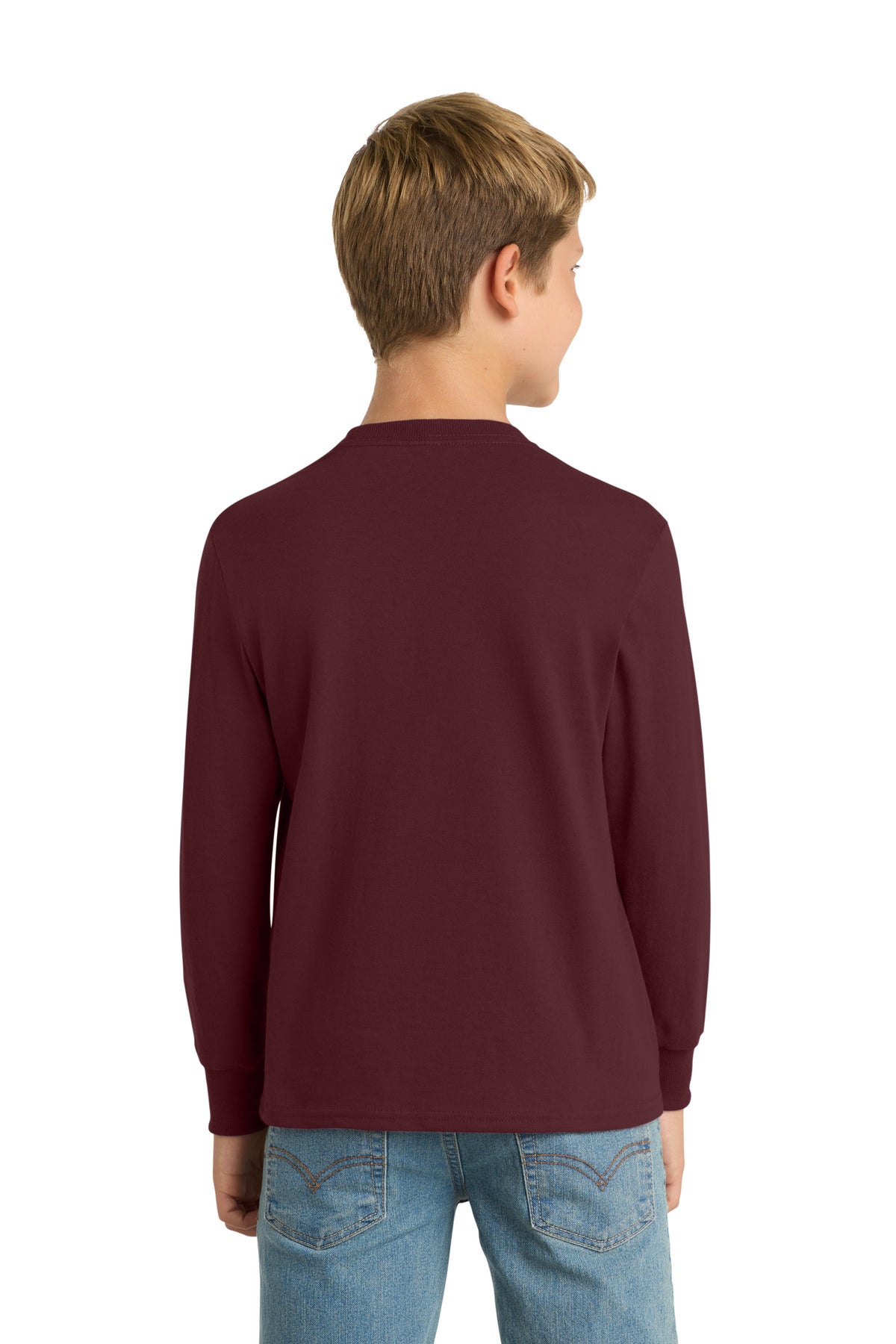 Athl Maroon Port & Co Youth Long Sleeve Core Cotton Tee. PC54YLS plain