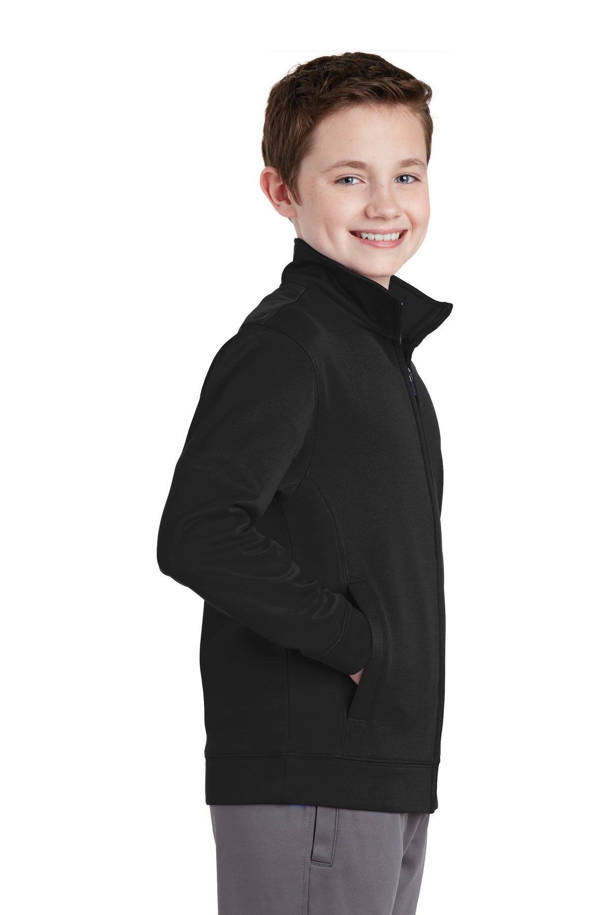 Black Sport-Tek Youth Sport-Wick Fleece Full-Zip Jacket. YST241 plain