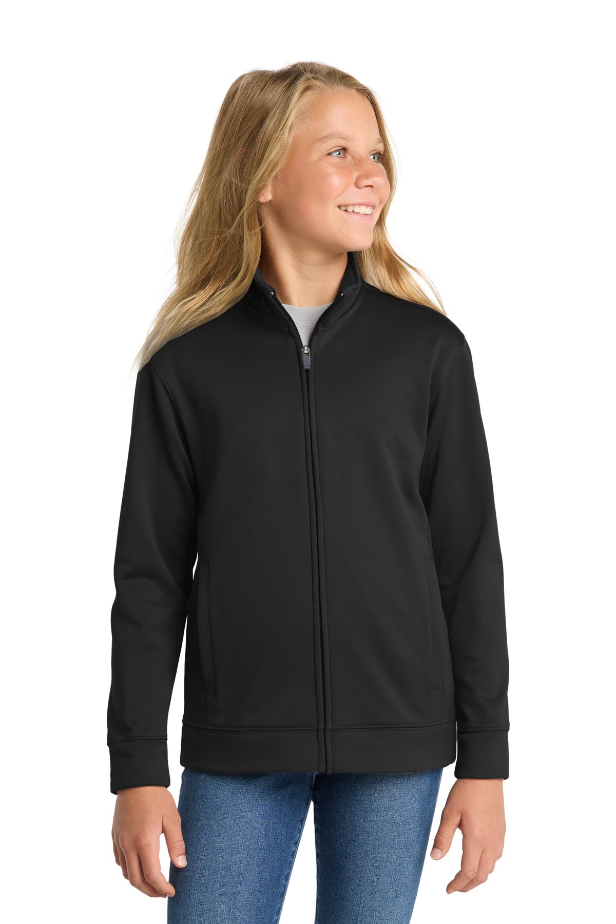 Black Sport-Tek Youth Sport-Wick Fleece Full-Zip Jacket. YST241 plain