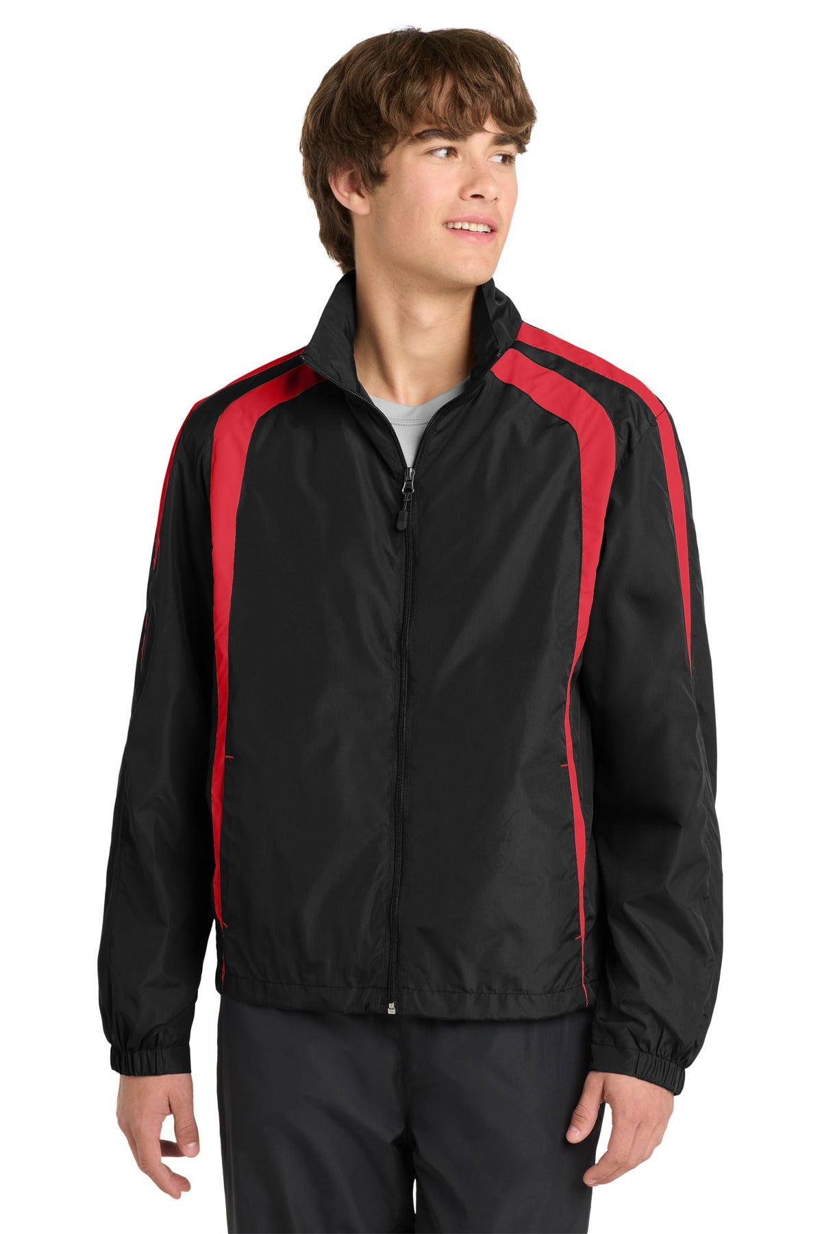 Black/True Red Sport-Tek Colorblock Raglan Jacket. JST60 plain