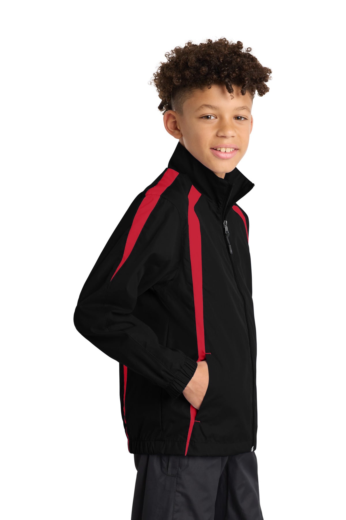 Black/True Red Sport-Tek Youth Colorblock Raglan Jacket. YST60