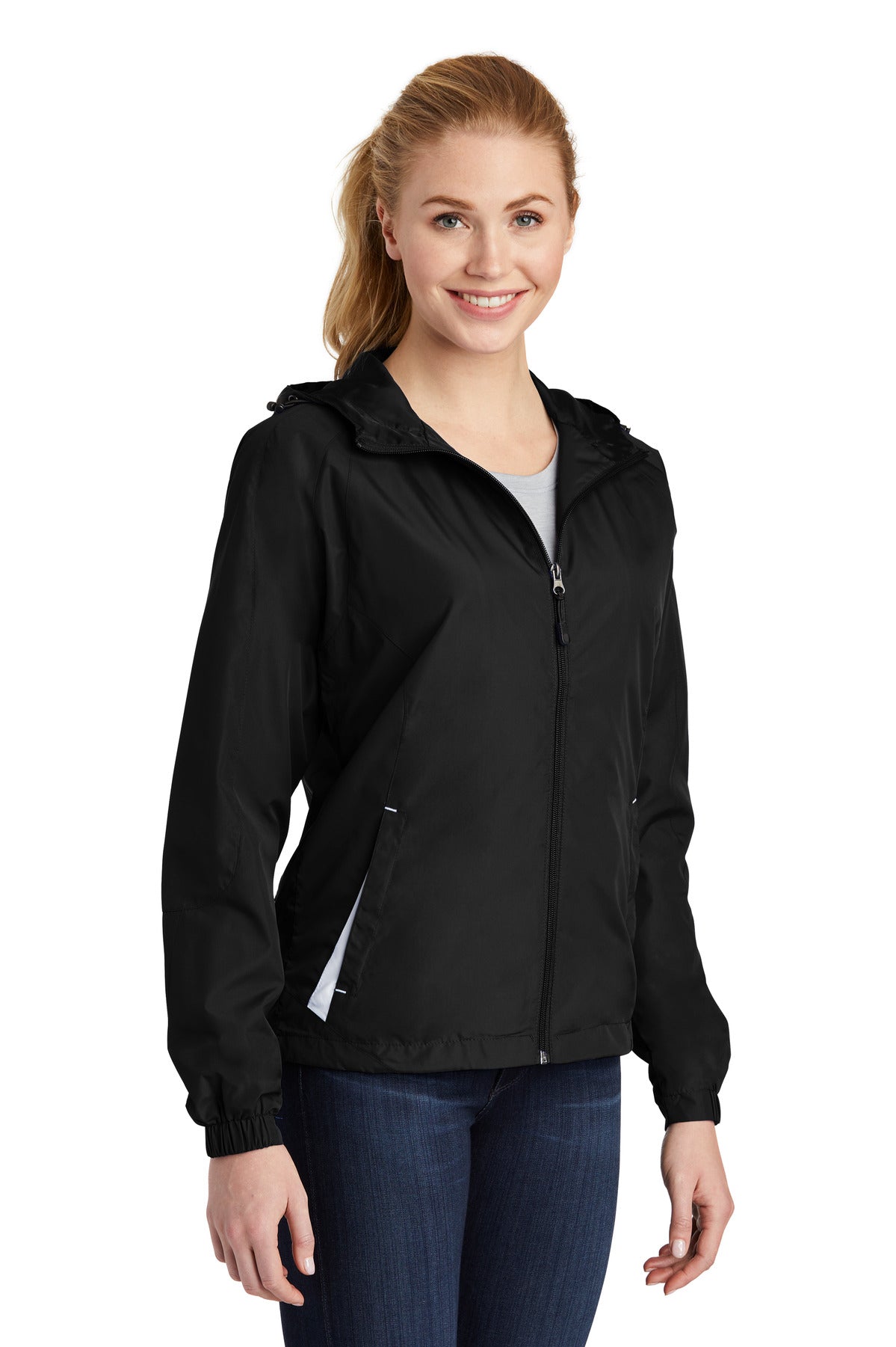Black/White Sport-Tek Women's Colorblock Hooded Raglan Jacket. LST76 plain