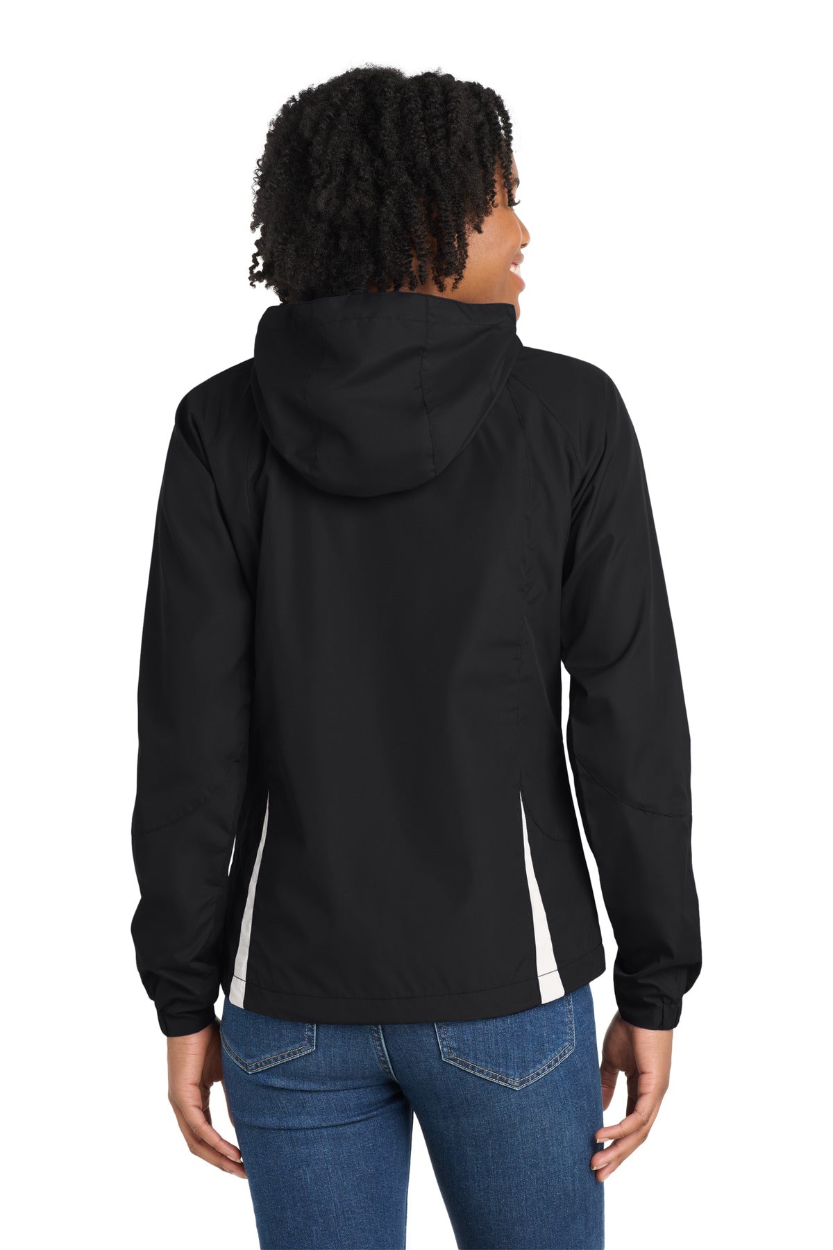Black/White Sport-Tek Women's Colorblock Hooded Raglan Jacket. LST76 plain