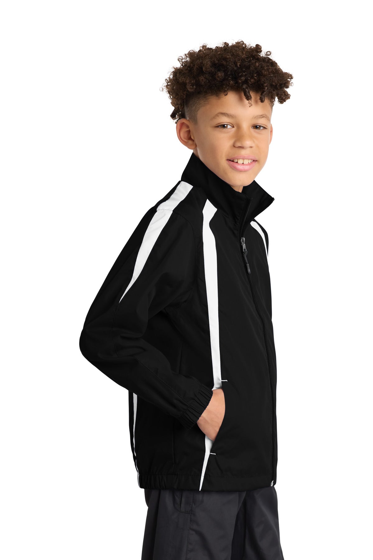 Black/White Sport-Tek Youth Colorblock Raglan Jacket. YST60