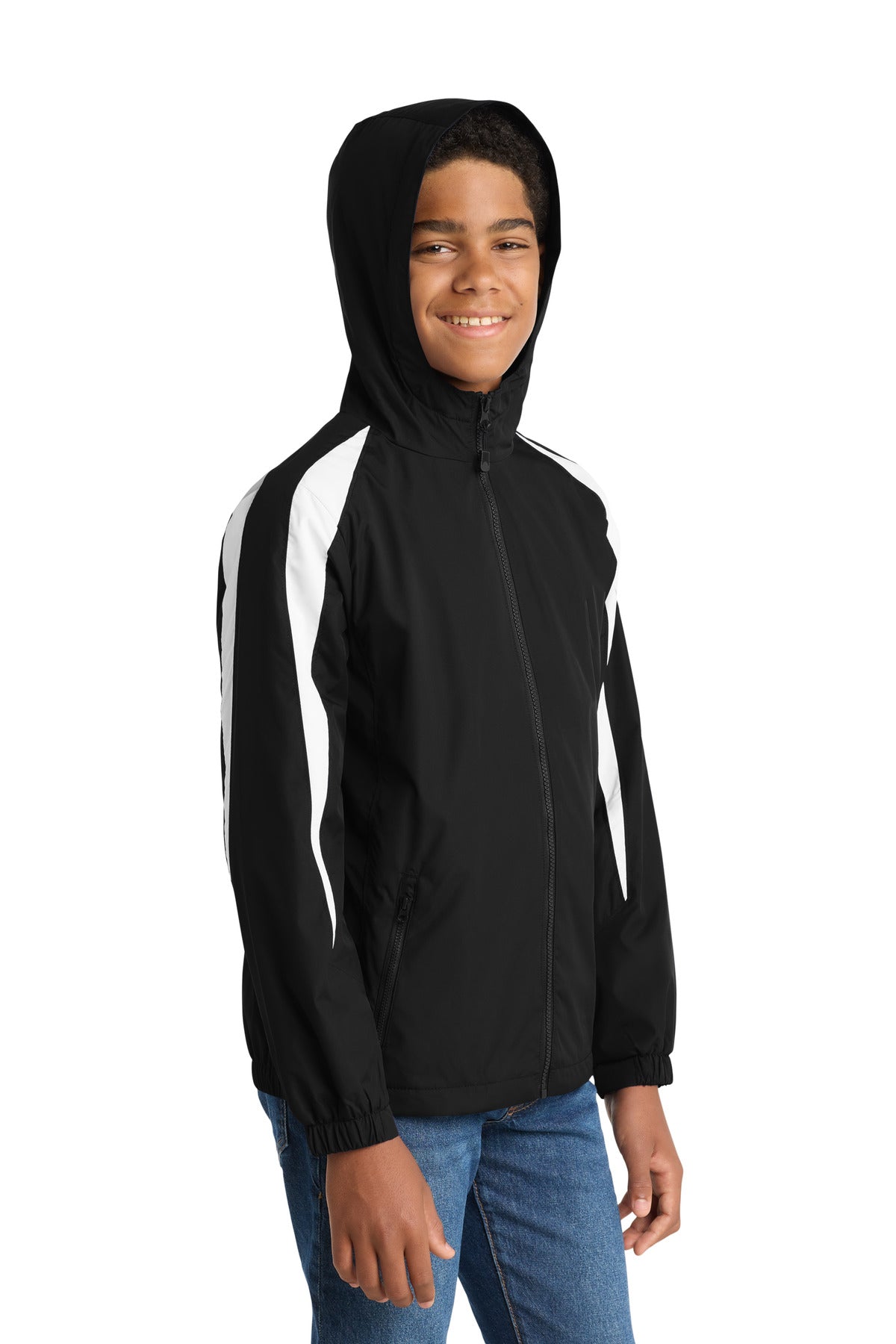 Black/White Sport-Tek Youth Fleece-Lined Colorblock Jacket. YST81 plain