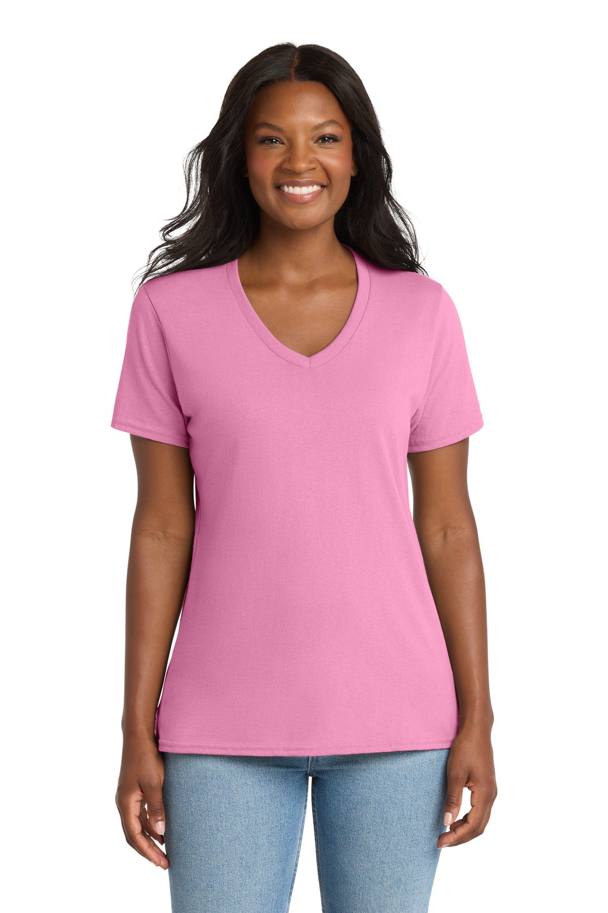 Candy Pink Port & Co Women's Core Cotton V-Neck Tee. LPC54V plain