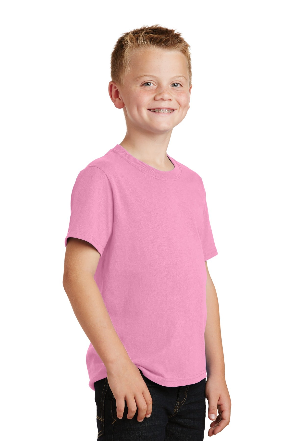 Candy Pink Port & Co Youth Core Cotton Tee. PC54Y plain