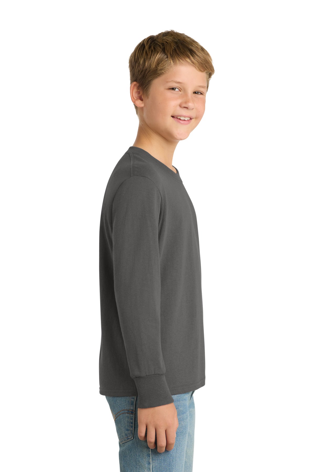 Charcoal Port & Co Youth Long Sleeve Core Cotton Tee. PC54YLS plain