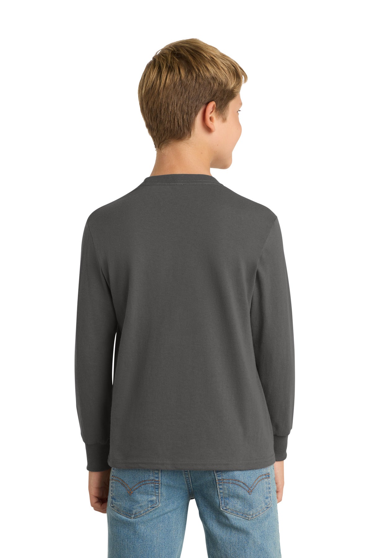 Charcoal Port & Co Youth Long Sleeve Core Cotton Tee. PC54YLS plain