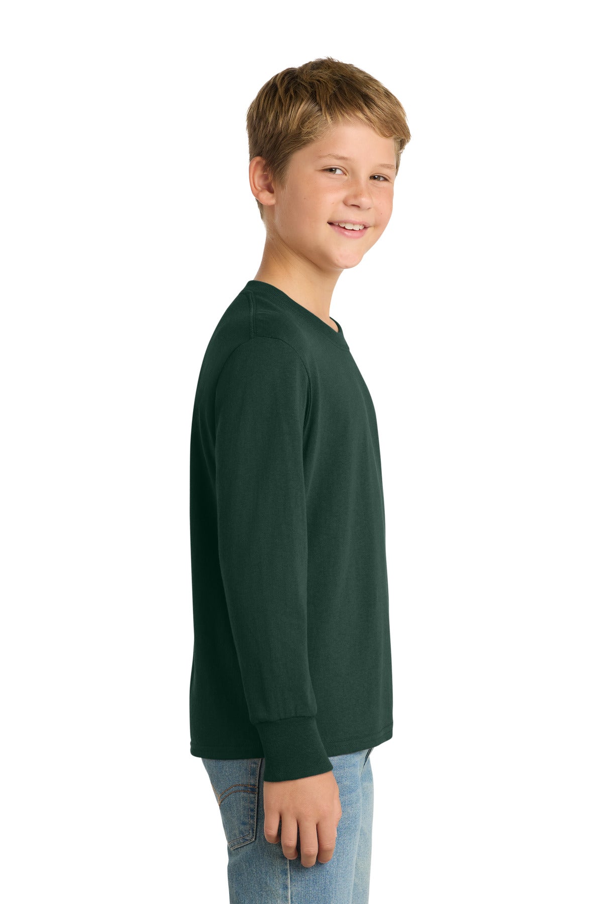 Dark Green Port & Co Youth Long Sleeve Core Cotton Tee. PC54YLS plain