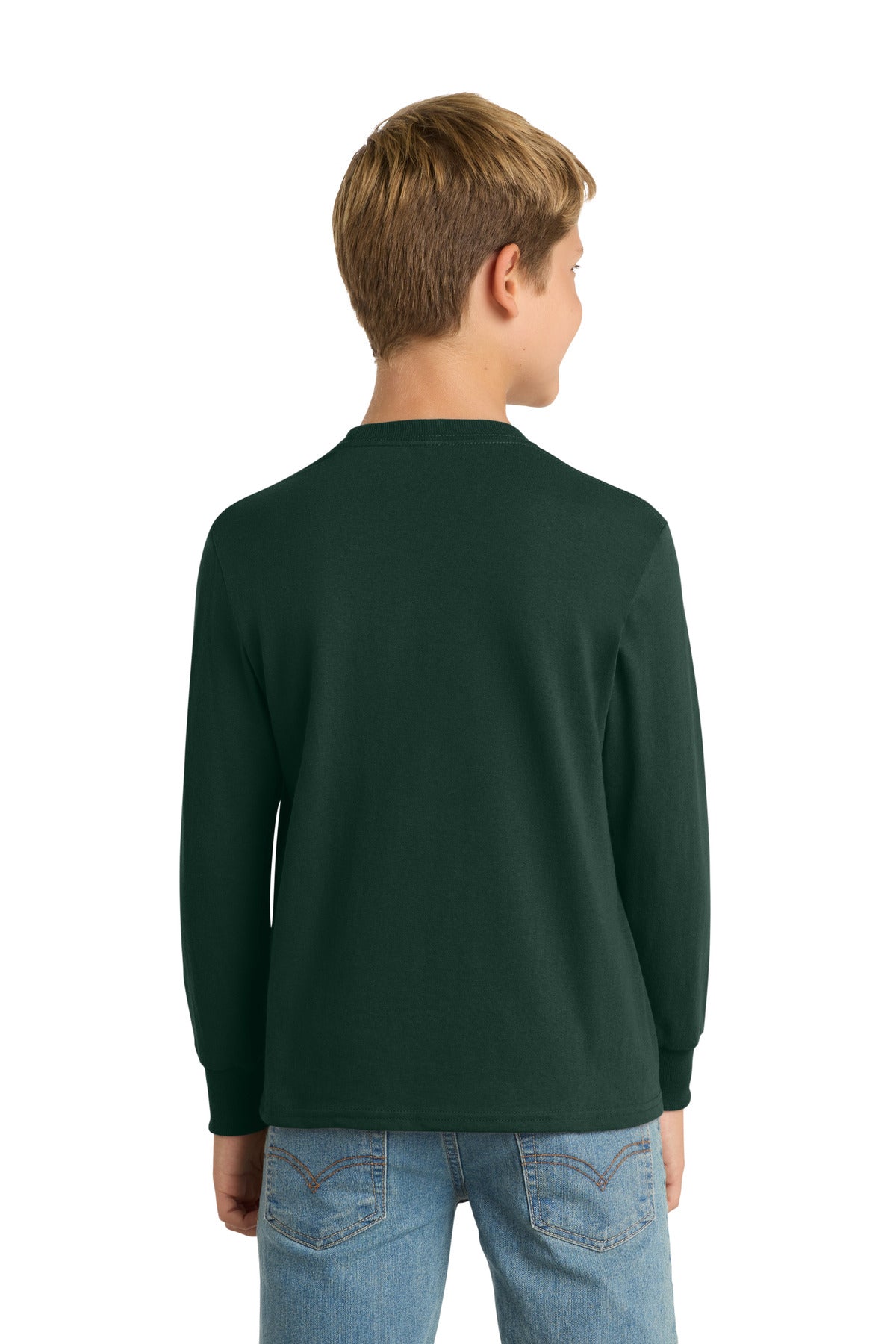 Dark Green Port & Co Youth Long Sleeve Core Cotton Tee. PC54YLS plain
