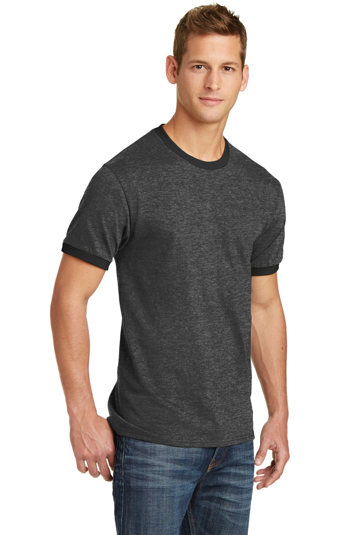 Dark H Gy/J Bk Port & Co Core Cotton Ringer Tee. PC54R plain
