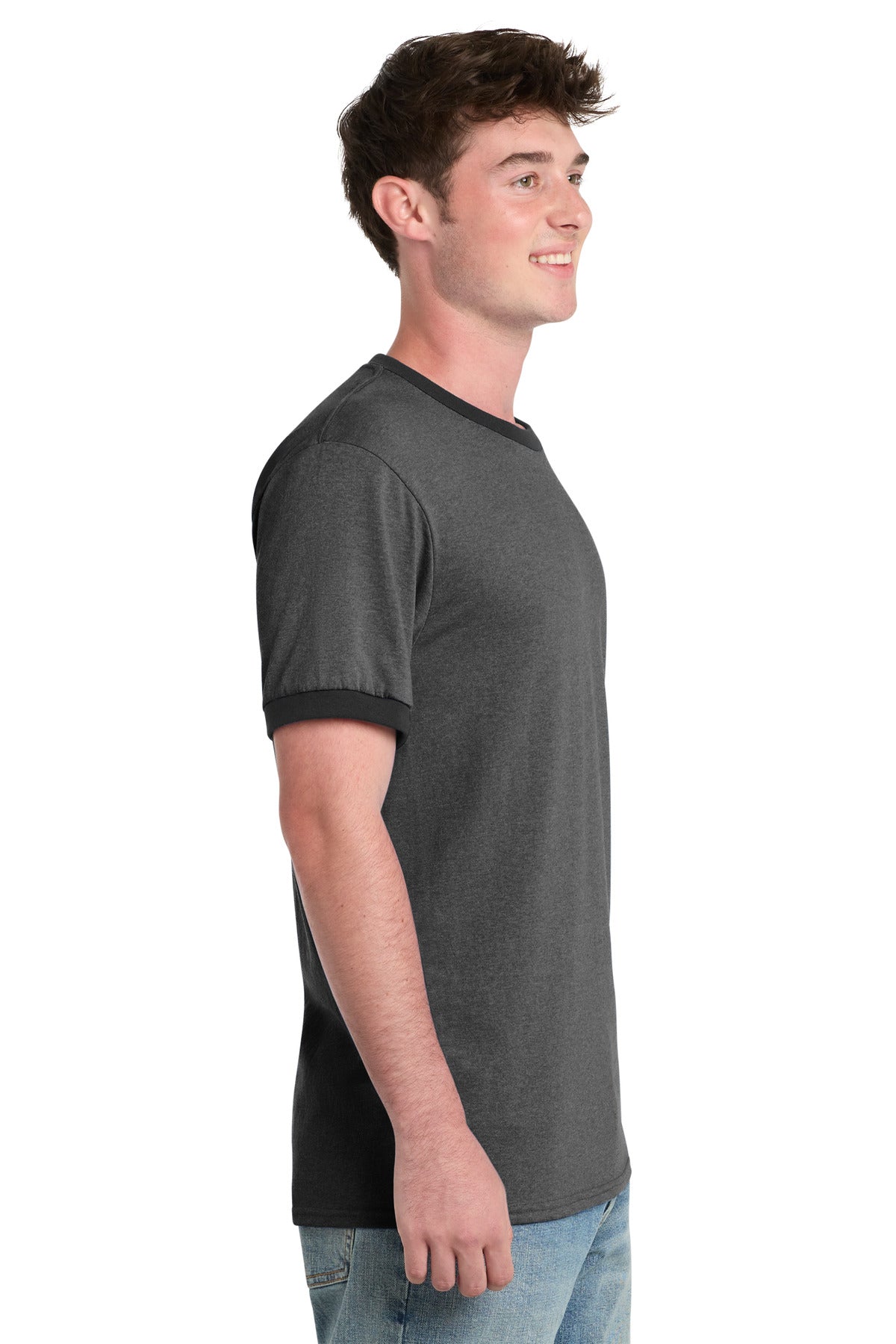Dark H Gy/J Bk Port & Co Core Cotton Ringer Tee. PC54R plain