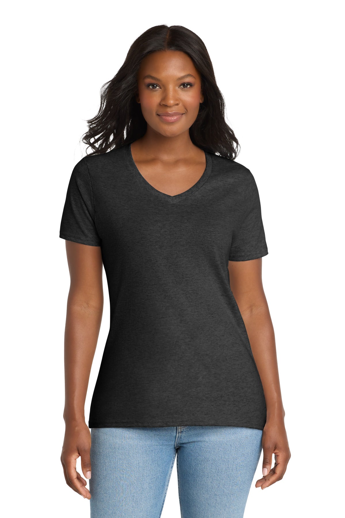 Dark Hthr Grey Port & Co Women's Core Cotton V-Neck Tee. LPC54V plain