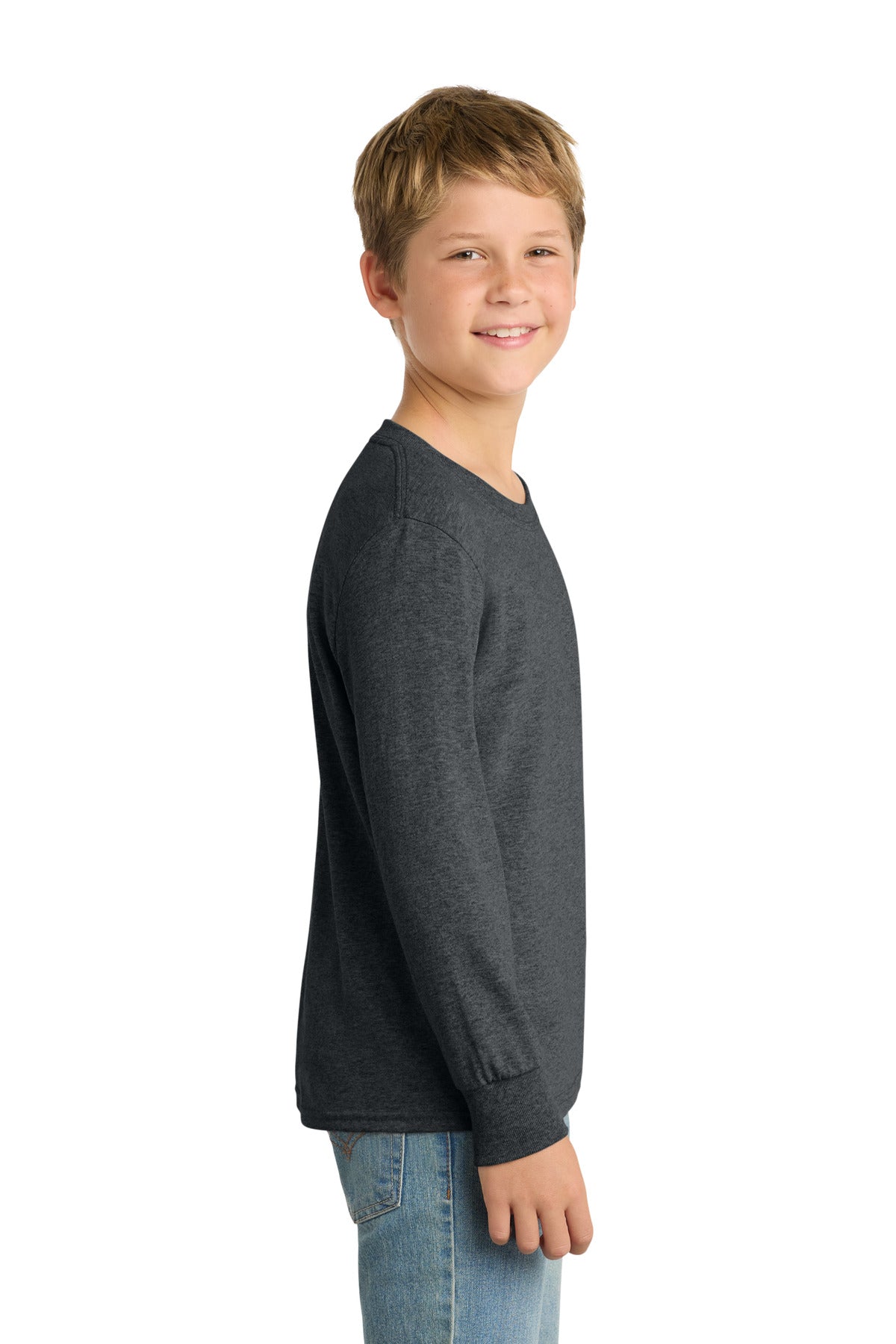 Dark Hthr Grey Port & Co Youth Long Sleeve Core Cotton Tee. PC54YLS plain