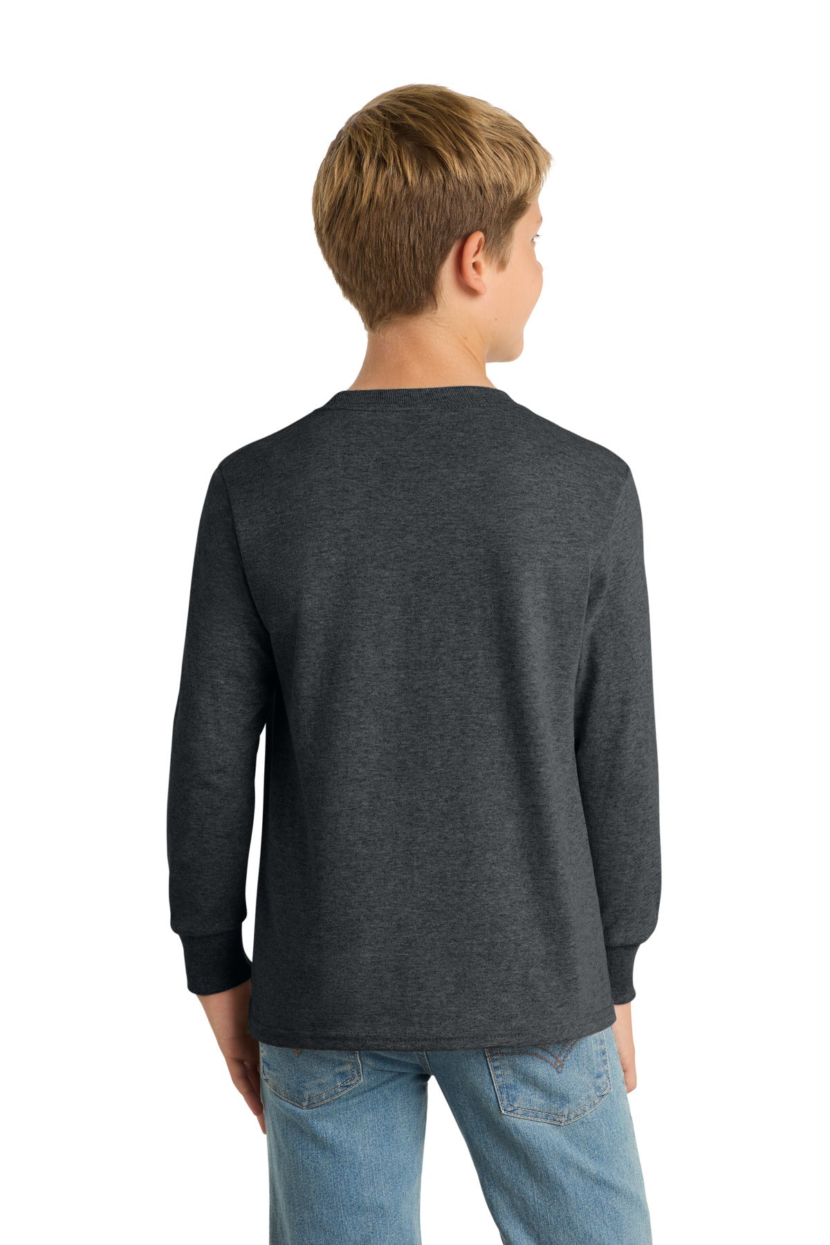 Dark Hthr Grey Port & Co Youth Long Sleeve Core Cotton Tee. PC54YLS plain