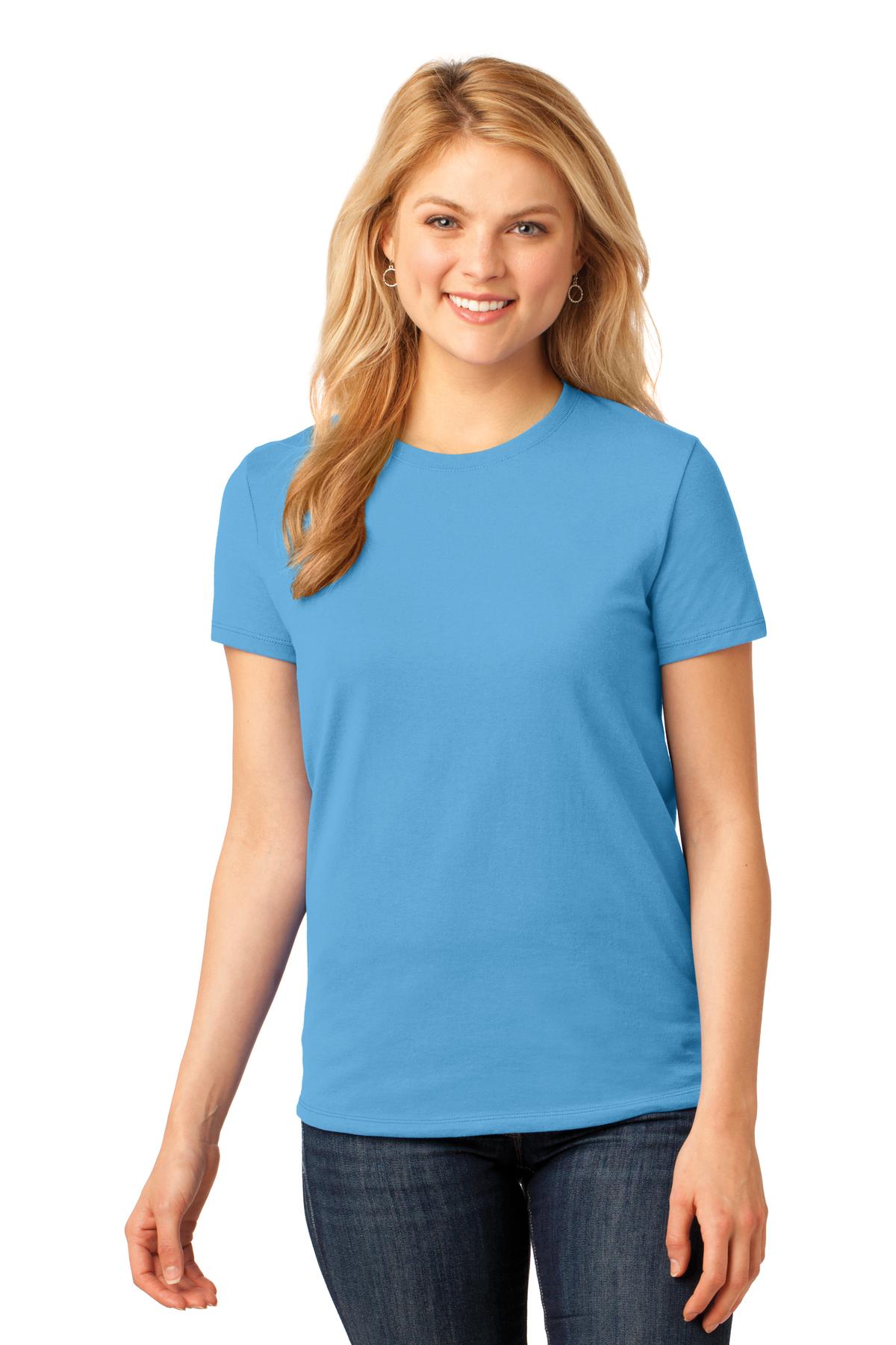 Front View of Aquatic Blue Port & Co Women's Core Cotton Tee. LPC54 plain