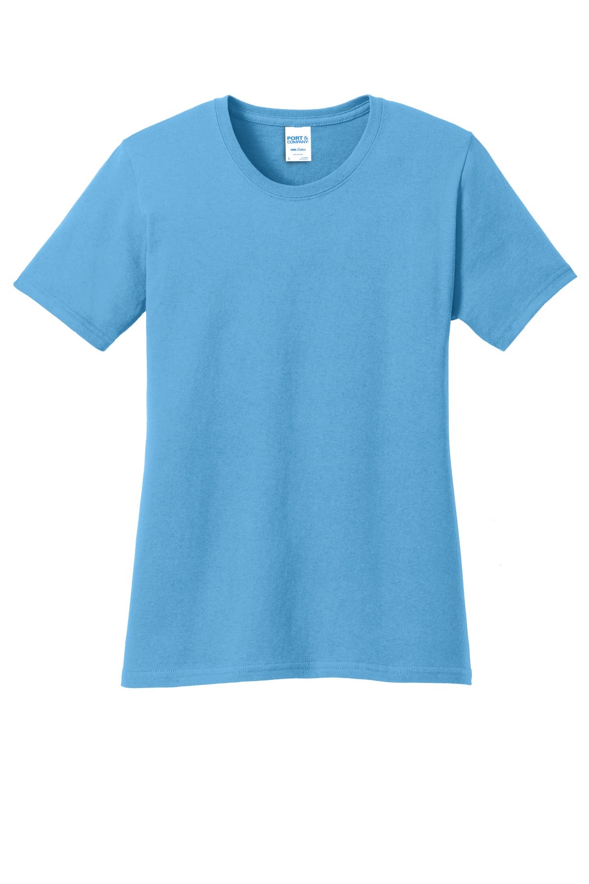 Front View of Aquatic Blue Port & Co Women's Core Cotton Tee. LPC54 plain