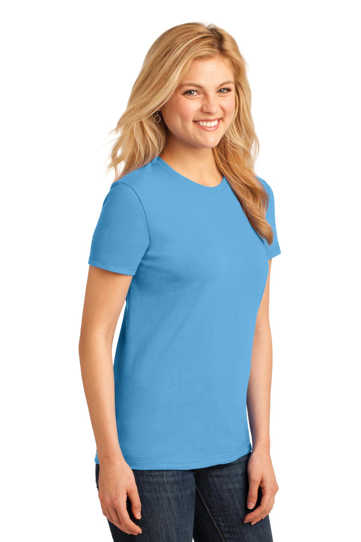 Front View of Aquatic Blue Port & Co Women's Core Cotton Tee. LPC54 plain