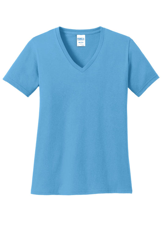 Front View of Aquatic Blue Port & Co Women's Core Cotton V-Neck Tee. LPC54V plain