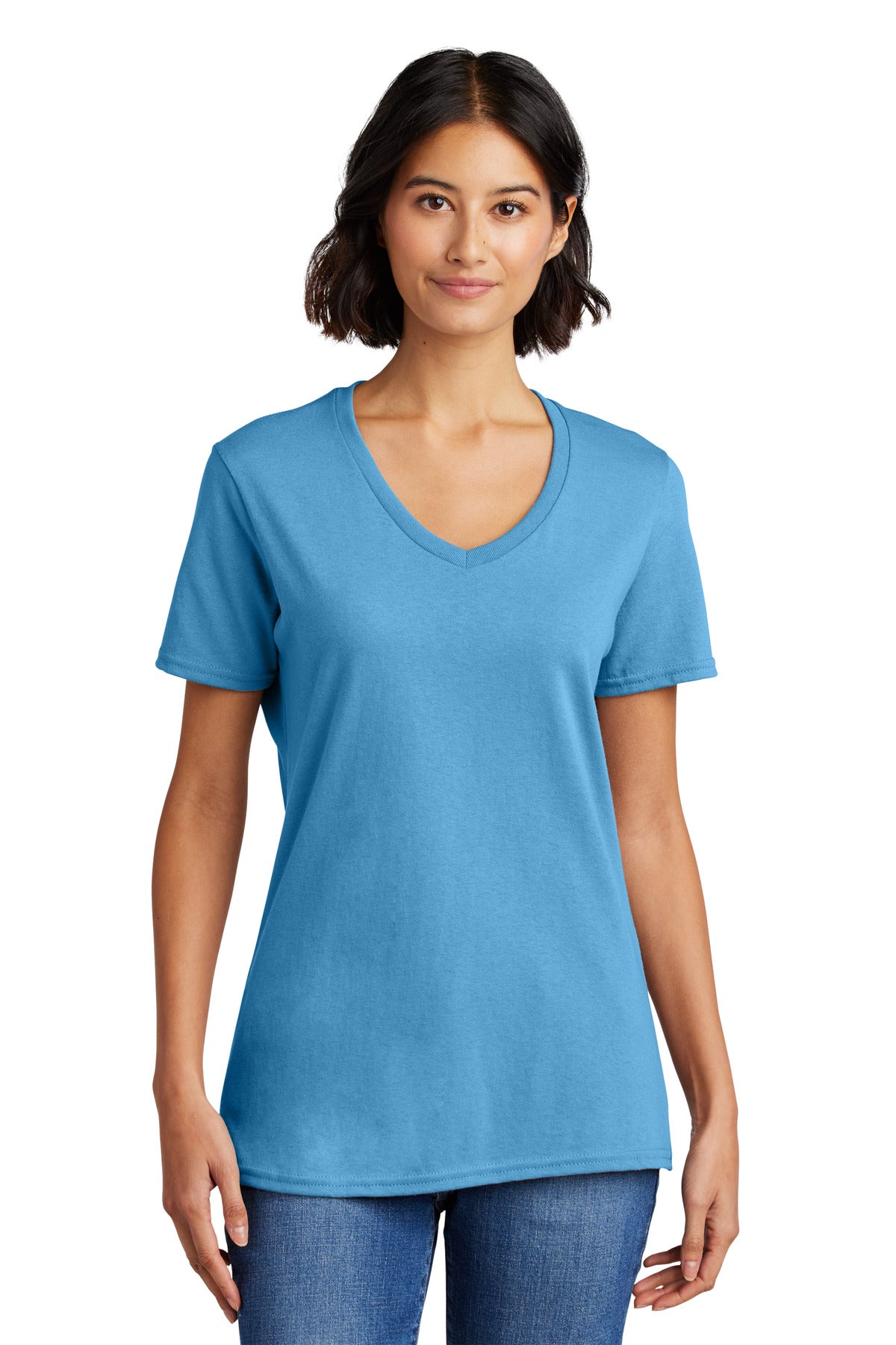 Front View of Aquatic Blue Port & Co Women's Core Cotton V-Neck Tee. LPC54V plain