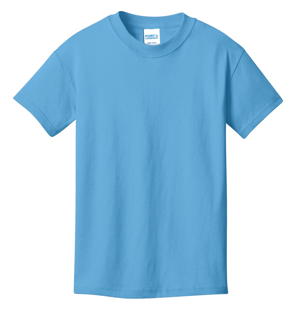 Front View of Aquatic Blue Port & Co Youth Core Cotton Tee. PC54Y plain