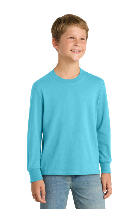 Front View of Aquatic Blue Port & Co Youth Long Sleeve Core Cotton Tee. PC54YLS plain
