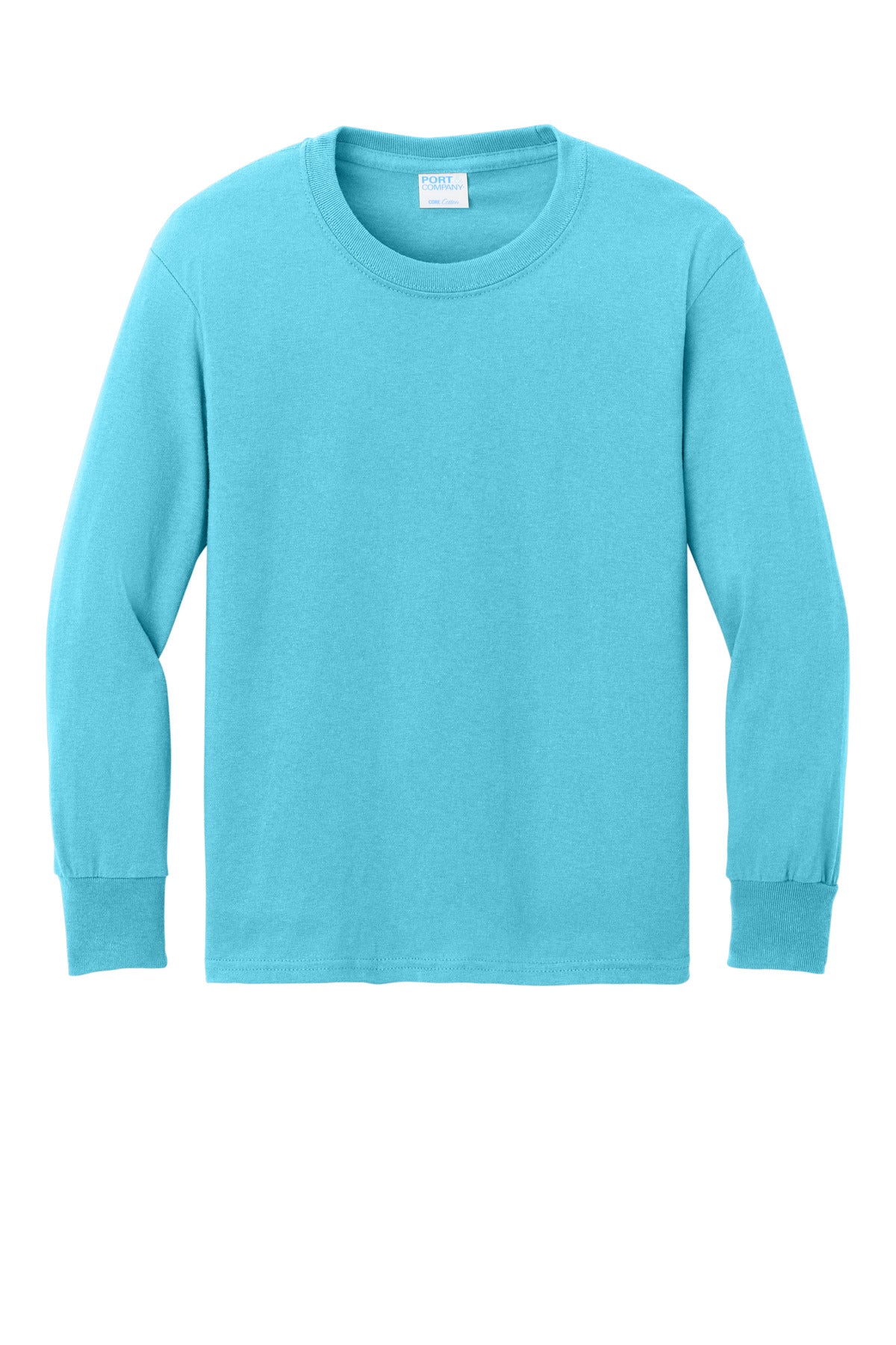 Front View of Aquatic Blue Port & Co Youth Long Sleeve Core Cotton Tee. PC54YLS plain