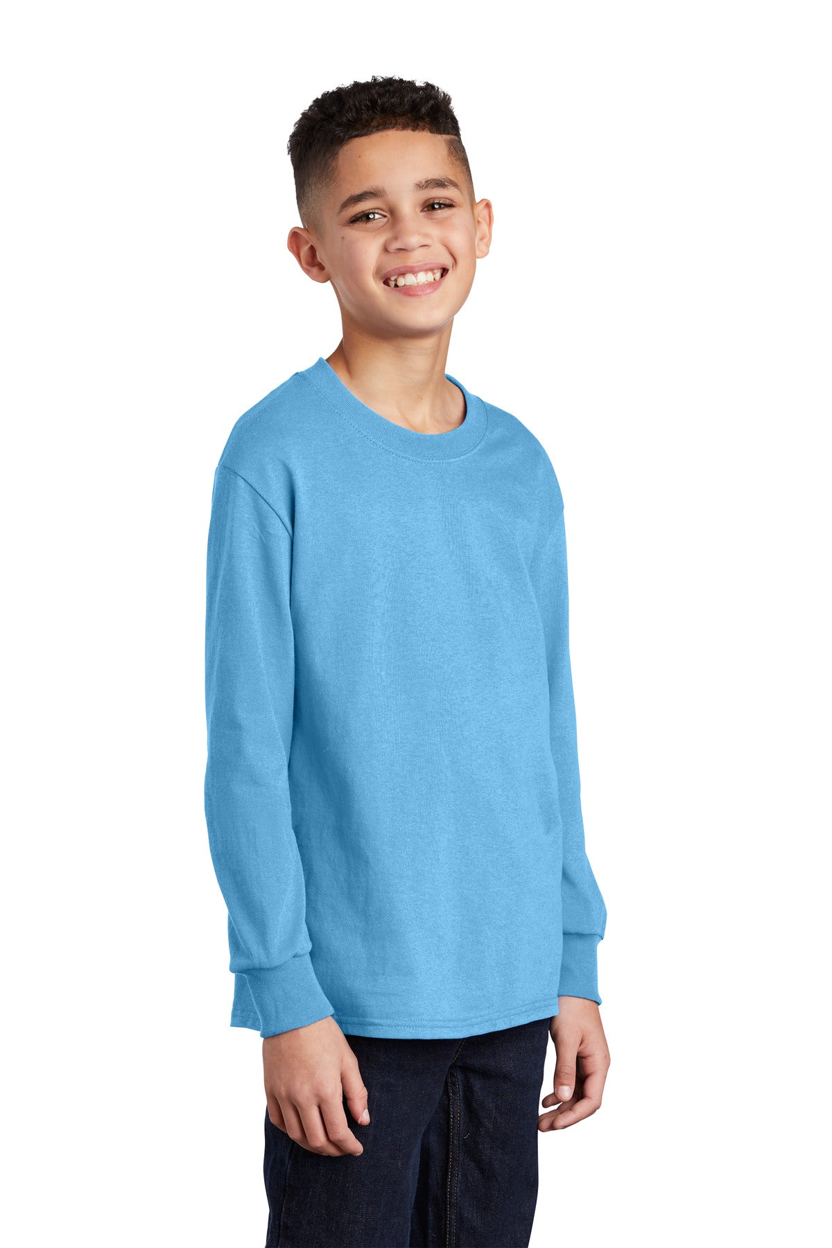 Front View of Aquatic Blue Port & Co Youth Long Sleeve Core Cotton Tee. PC54YLS plain