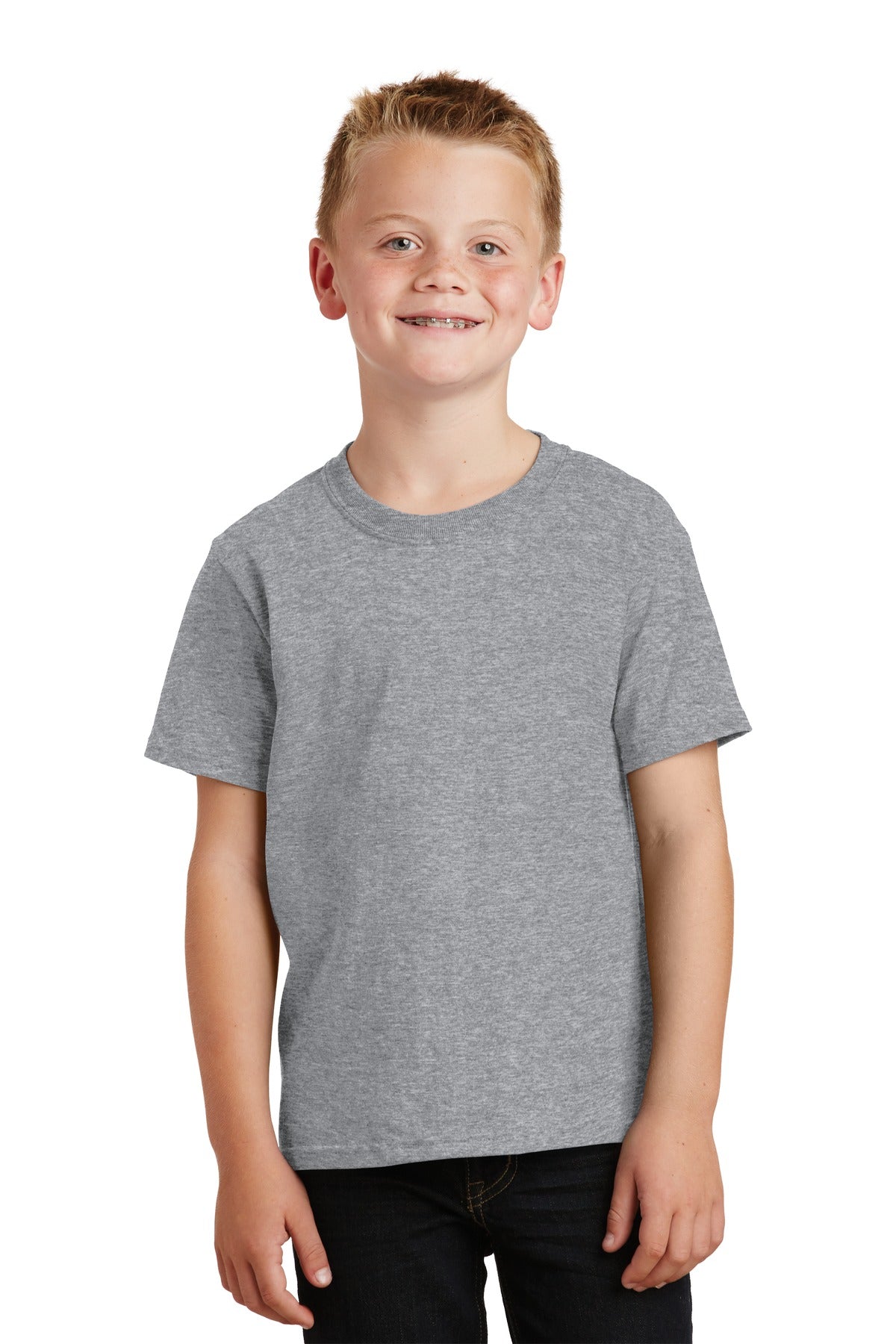 Front View of Ath Heather Port & Co Youth Core Cotton Tee. PC54Y plain